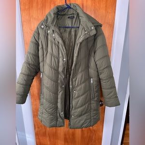 Olive colored winter coat.